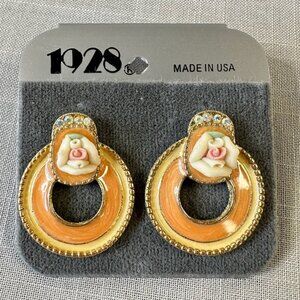 Vintage 1928 Round Rose and Rhinestone Earrings